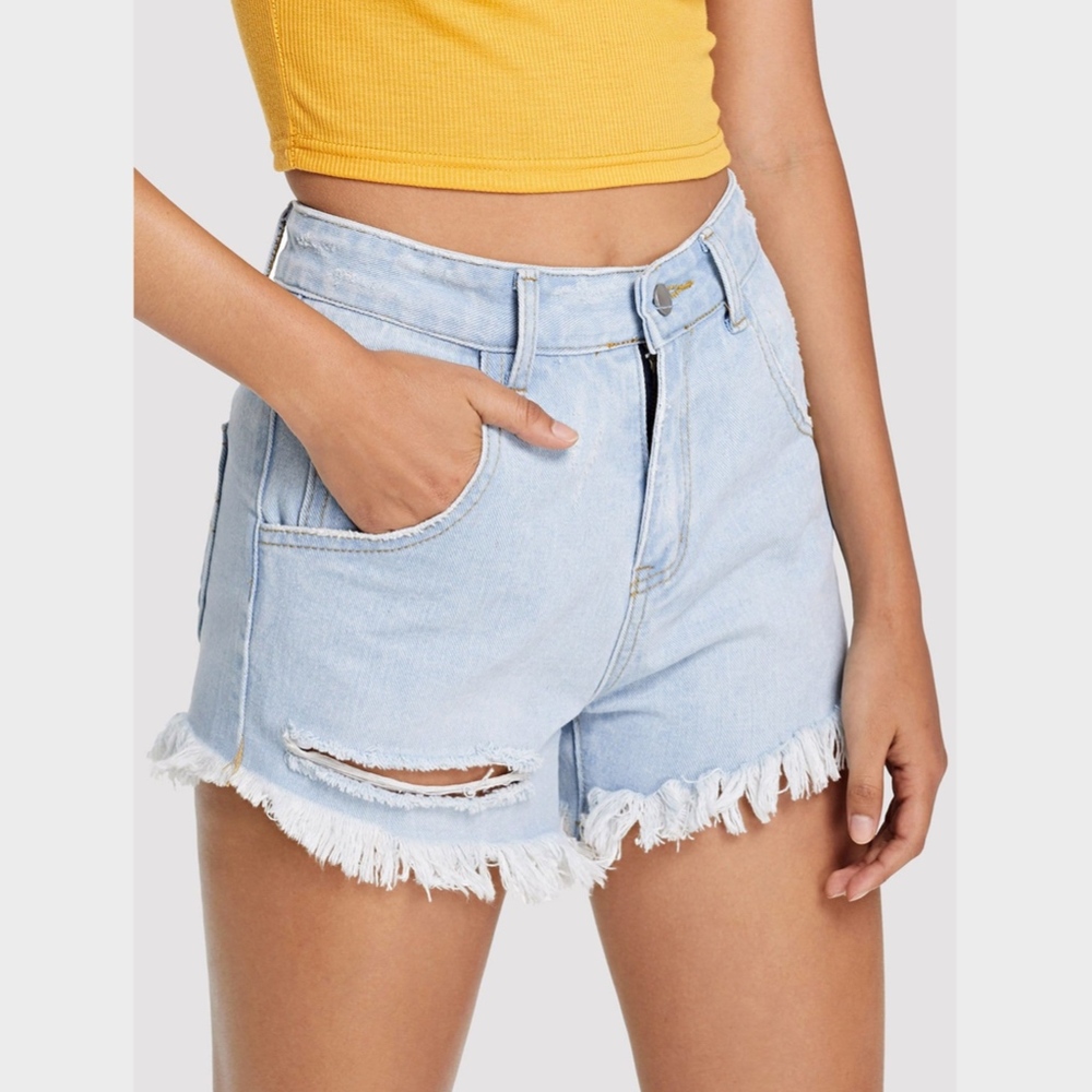 Raw Hem High Waisted Denim Shorts Light Blue Wash - Picture 2 of 6